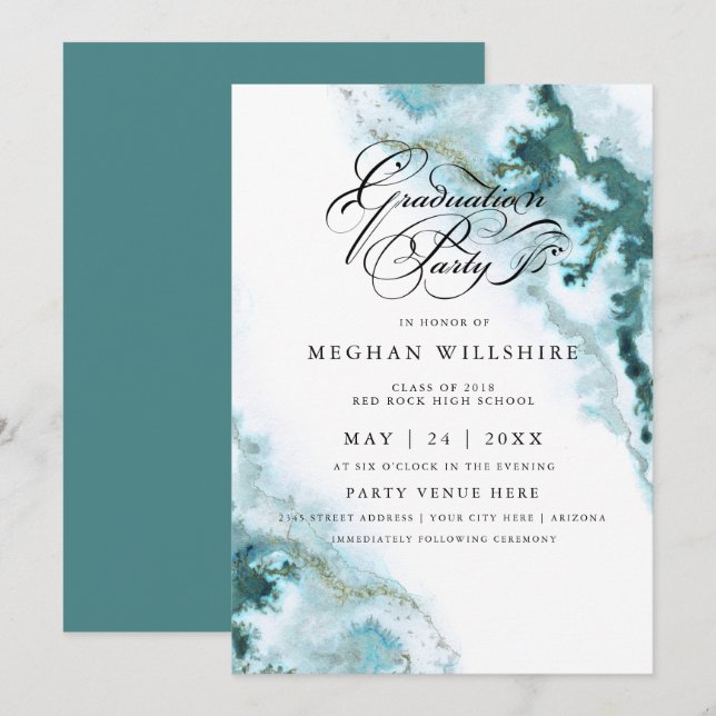 Modern Teal Watercolor Moss Agate Graduation Party Invitation (Front/Back)
