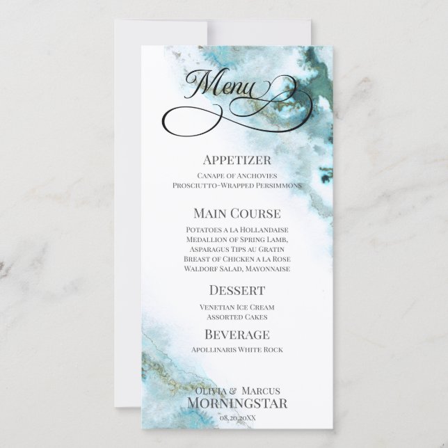 Modern Teal Watercolor Moss Agate Menu (Front)