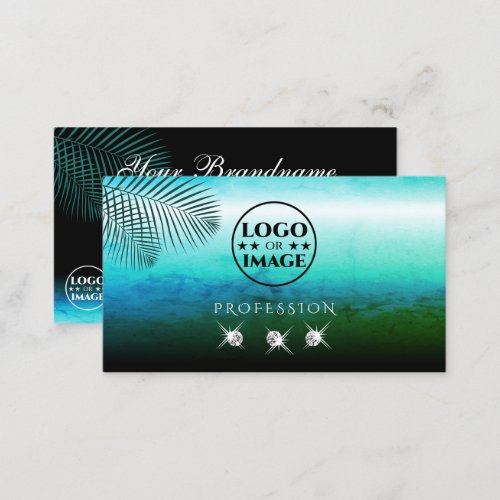 Modern Teal Watercolor Palm Leaves Jewels Add Logo Business Card