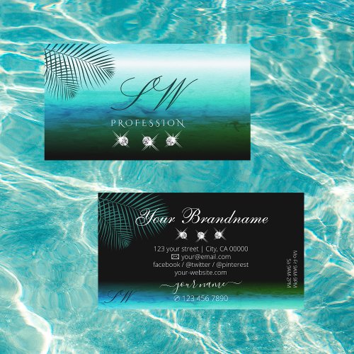 Modern Teal Watercolor Palm Leaves Jewels Initials Business Card