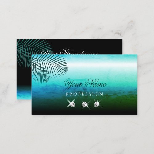 Modern Teal Watercolor Palm Leaves Jewels Stylish Business Card