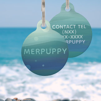 Modern Teal Watercolor Waves Sea Green Dog Name Pet ID Tag