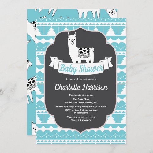 Modern Teal  White Aztec Llamas Baby Shower Invitation