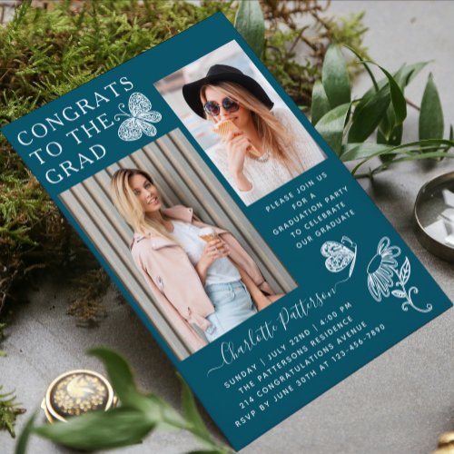 Modern Teal White Butterfly Photo Graduation Party Invitation