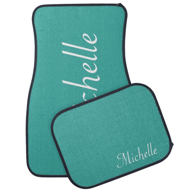 Modern Teal  White Chic Script Personalized Car Floor Mat (Set)