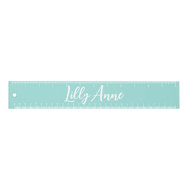 Modern Teal White Chic Script Personalized Ruler (Front)