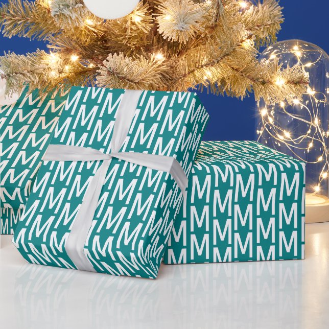 Modern teal white custom monogram initial pattern wrapping paper (Holidays)