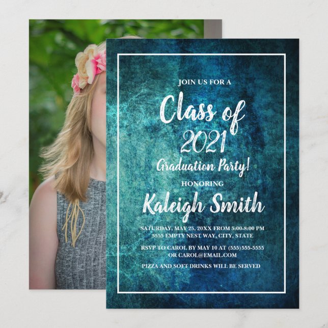 Modern Teal White Graduation Party Photo Invitation (Front/Back)