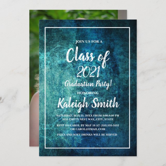 Modern Teal White Graduation Party Photo Invitation (Front/Back)