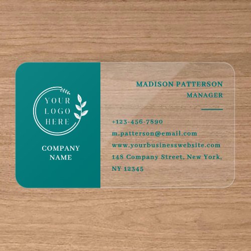 Modern Teal White Logo Branding Clear Business Cards