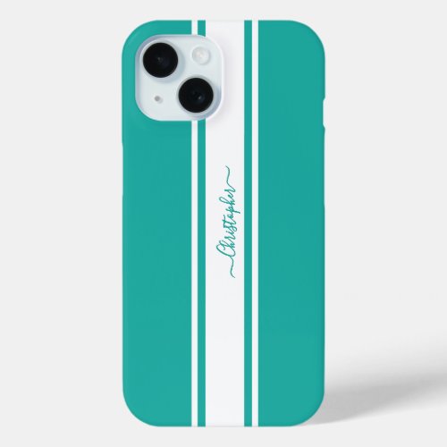 Modern Teal White Racing Stripes Monogrammed Chic iPhone 15 Case