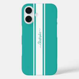 Modern Teal White Racing Stripes Monogrammed Chic iPhone 16 Case