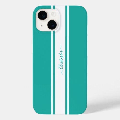 Modern Teal White Racing Stripes Monogrammed Chic Case_Mate iPhone 14 Case
