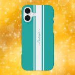 Modern Teal White Racing Stripes Monogrammed Chic iPhone 16 Plus Case<br><div class="desc">Create your own custom, personalized, cool, classy, stylish, classic, teal and white racing stripes design, faux gold typography / script monogram, chic, trendy, ultra slim fit, lightweight, high-quality polycarbonate, protective, most economical Apple iPhone case. To customize, simply type in your name / monogram / initials. A beautiful iPhone case, makes...</div>