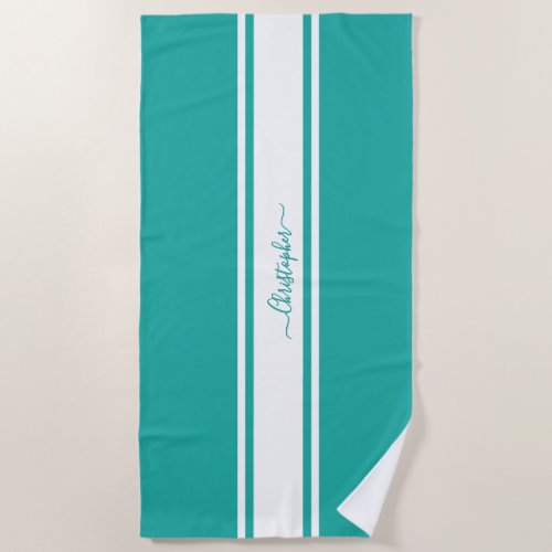 Modern Teal White Racing Stripes Monogrammed Pool Beach Towel