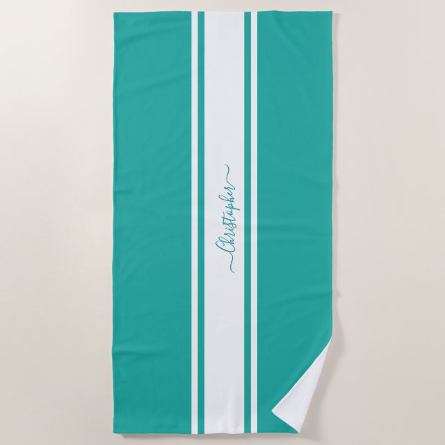 Modern Teal White Racing Stripes Monogrammed Pool Beach Towel (Front)