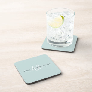 Modern Teal White Script Monogram Beverage Coaster