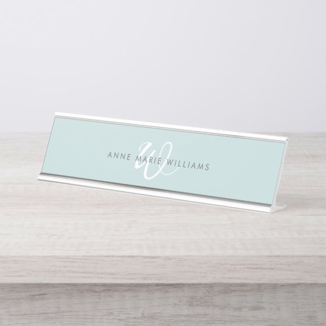 Modern Teal White Script Monogram Desk Name Plate (Front)