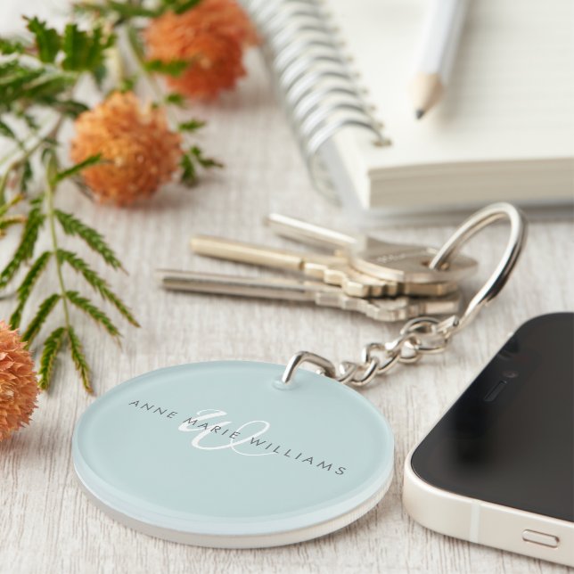 Modern Teal White Script Monogram Keychain (Front Right)