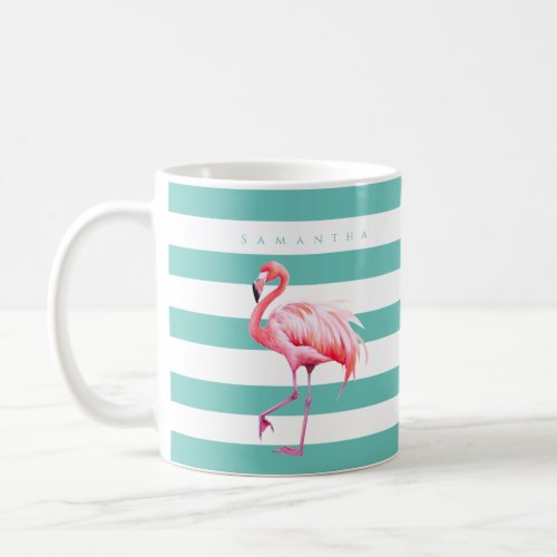 Modern Teal White Stripe Pink Flamingo Custom Name Coffee Mug