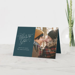 Modern teal winter forest multi photo Christmas Card