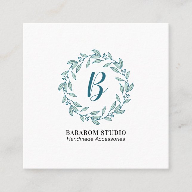 Modern Teal Wreath Monogram Professional Square Business Card (Front)