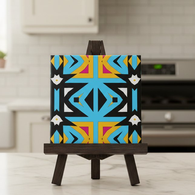 Modern Teal Yellow & Black Tribal Geometric  Ceramic Tile (Creator Uploaded)