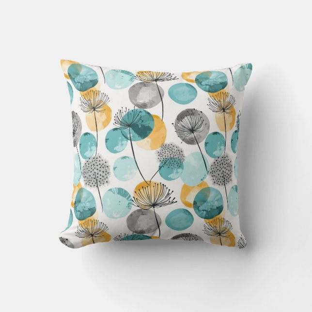 Modern teal yellow dandelion pattern throw pillow (Front)