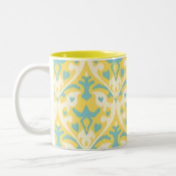 Modern Teal Yellow Girly Ikat Tribal Pattern Two-tone Coffee Mug by TintAndBeyond at Zazzle