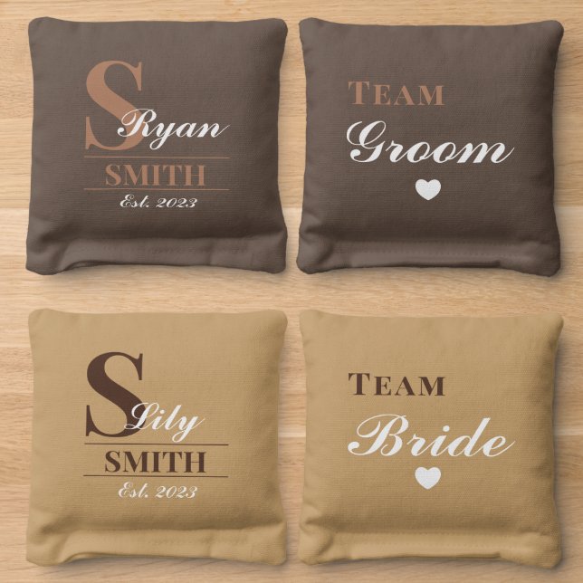 Modern Team Bride Groom Custom Monogram Wedding Cornhole Bags (Wood)