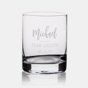 Modern Team Groom Personalized Etched Rocks Glass