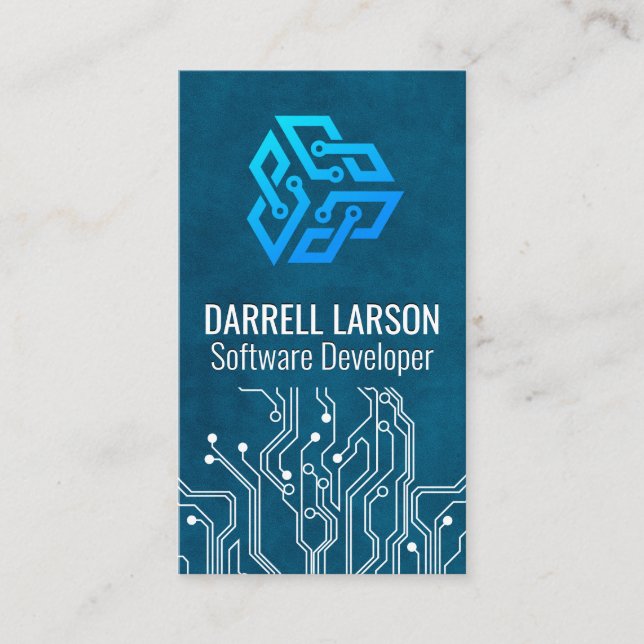Modern Tech Logo | Circuit Board Blue Texture Business Card (Front)