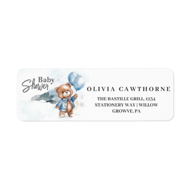 Modern Teddy Bear Baby boy Shower  Label (Front)