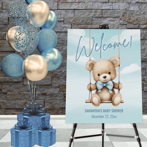 Modern Teddy Bear Boy Baby Shower Welcome Sign