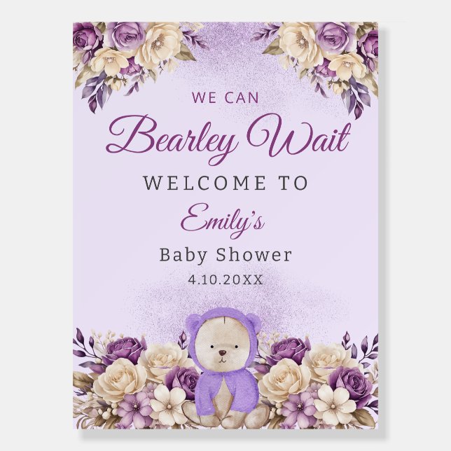  Modern Teddy Bear floral Baby Shower Welcome Sign (Front)