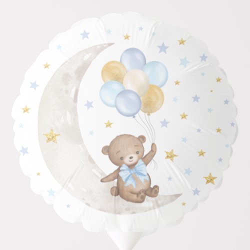 Modern Teddy Bear on Moon Blue Gold Stars Balloon