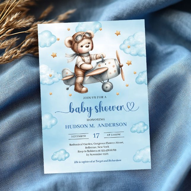 Modern Teddy Bear Pilot Blue Brown Boy Shower   Invitation (Modern Teddy Bear Pilot Blue Brown Boy Shower Invitation

)