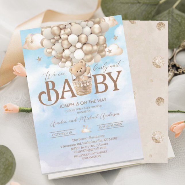 Modern teddy bear watercolor baby shower invitation (Creator Uploaded)
