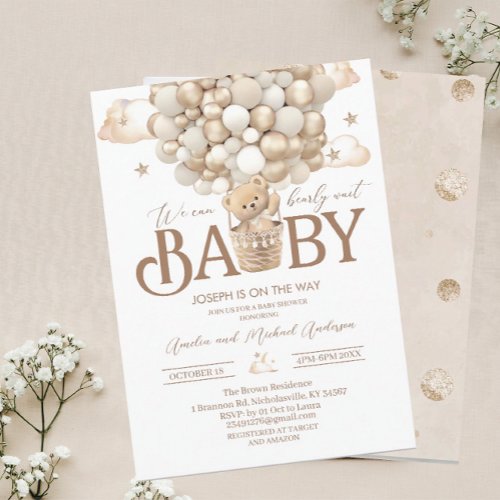 Modern teddy bear watercolor baby shower invitation