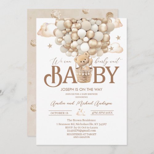 Modern teddy bear watercolor baby shower invitation