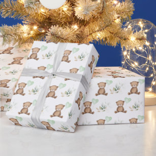 Greenery Bear Gender Neutral Floral Baby Shower Wrapping Paper Sheets