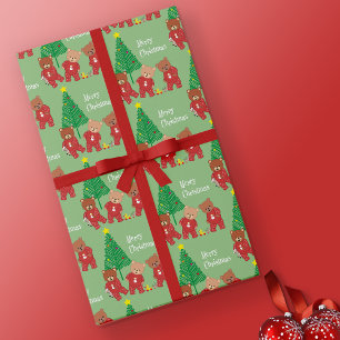 Modern Teddy Bears in Christmas Pyjamas With Tree  Wrapping Paper