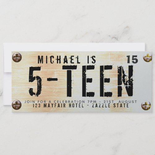 MODERN TEEN Birthday BOY Car LICENSE Plate Rusty Invitation