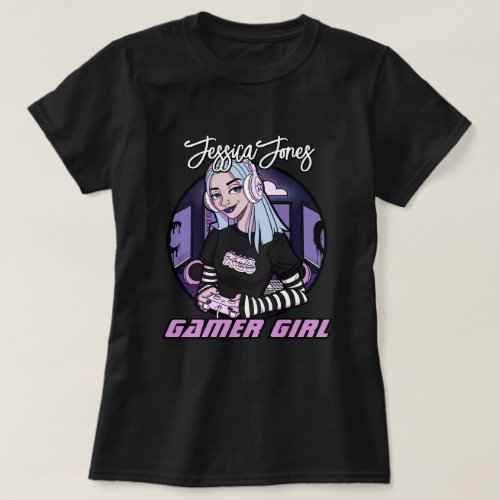 Modern Teen Gamer Girl Cartoon Name Slogan T_Shirt