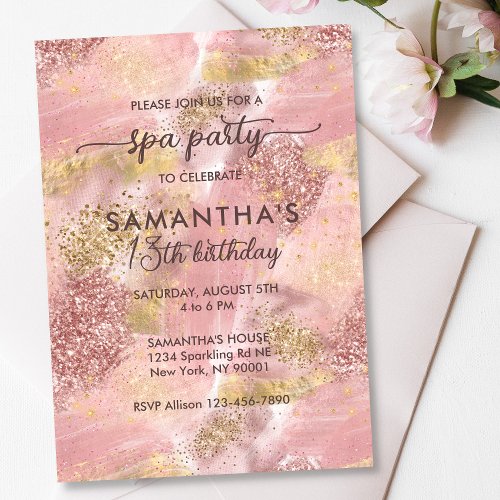 Modern Teen Girl Spa Party Faux Rose Gold Glitter Invitation
