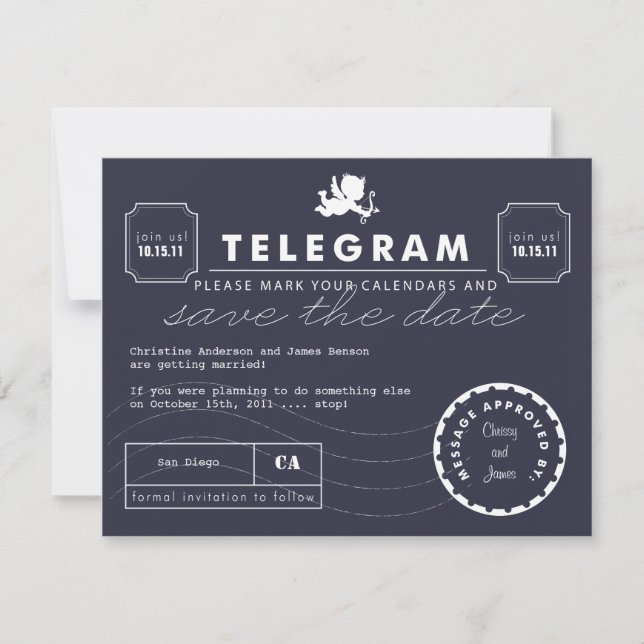 Modern Telegram Card Save the Date - Navy (Front)