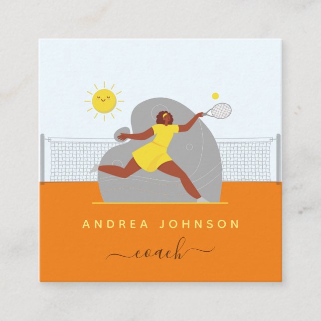 Modern Tennis Coach Female Player Illustration  Square Business Card (Front)