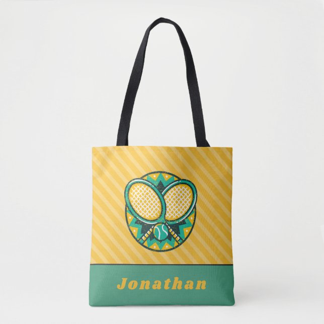 Modern Tennis Design Theme Rackets Ball & Name Fun Tote Bag (Front)