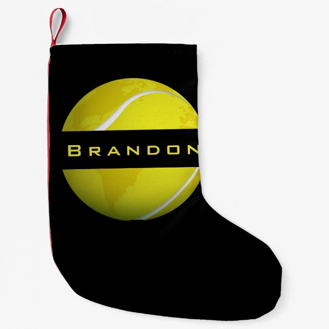 Modern Tennis World Design Players Coach Kids Name Small Christmas Stocking (Front)
