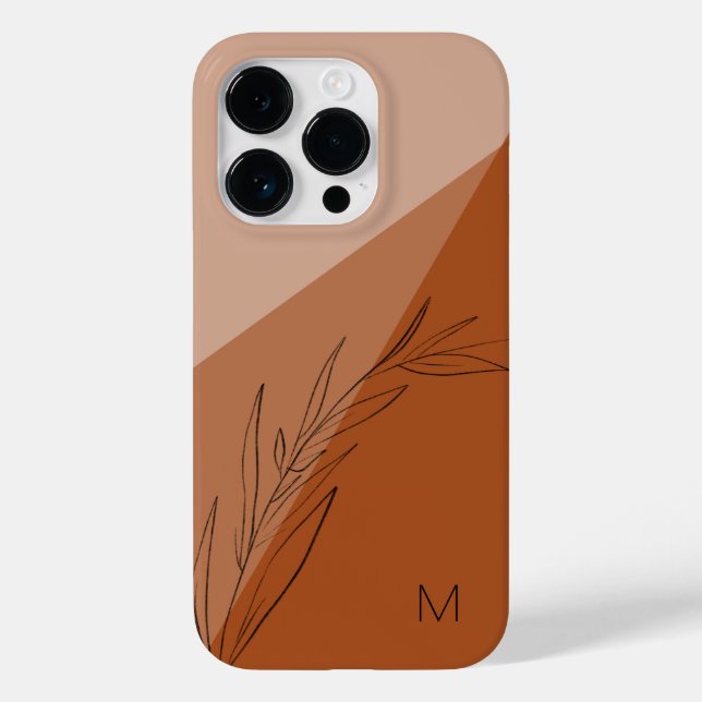 Modern Terra Cotta Line Drawn Leaf Monogram Case-Mate iPhone Case (Back)